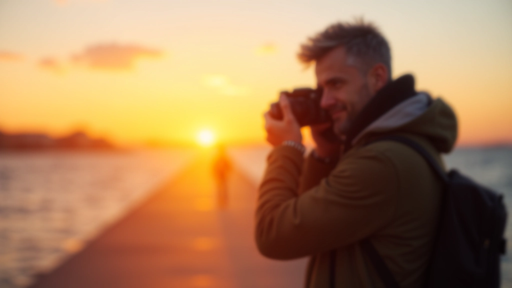 Fotografo stovintis prie prieplaukos, fotografuojantis saulėlydį, su profesionaliu fotoaparatu